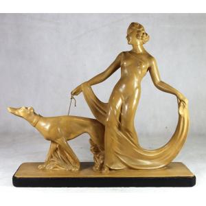 Salvatore Melani (1902-1934) Sculpture "woman And Her Greyhound", 20th Century
