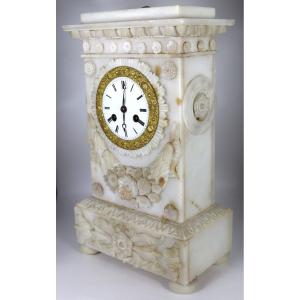Alabaster Clock With Flower Decor, 19th Century Restoration Period