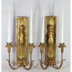 Pair Of Gilded Wood Wall Lights "female Bust", Late 18th Century