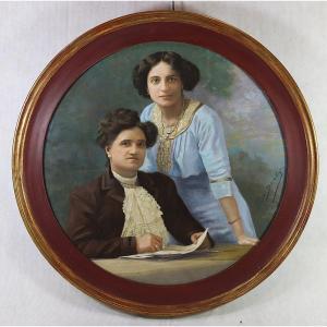 Paul Darly (19th-20th Century), Pastel Portrait "mother And Daughter", Early 20th Century