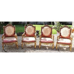 Set Of 4 Queen's Armchairs, Baroque Style, Late 19th Century