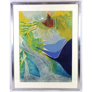 Large Lithograph "the Beautiful Gardener", Signed, 20th Century