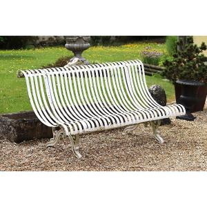 Bench With Slightly Inverted Backrest In Metal And Wrought Iron, Late 19th Century
