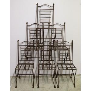 Set Of 6 Quality Garden Chairs In Brown Lacquered Wrought Iron, 20th Century