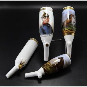 Set Of 4 Porcelain Pipe Bowls "general Von Moltke", "horses", 20th Century