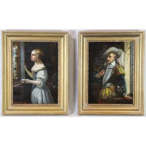 Pair Of Hst Paintings "couple Portraits", Signed, 19th Century