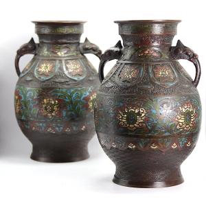Japan Circa 1900, Pair Of Bronze And Champlevé Enamel Vases.