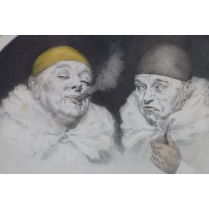 Armand Henrion (1875-1958), Lithograph "the Smoking Clowns", 20th Century