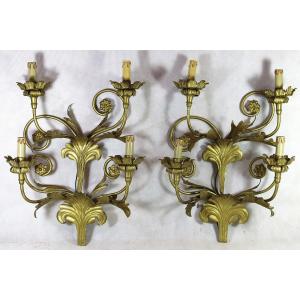Large Pair Of Sheet Metal And Gilded Wood Wall Lights, Late 19th Century