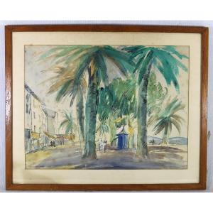 Raoul Domenjoz (1896-1978), Watercolor "view Of A Square In The South", Signed, 20th Century