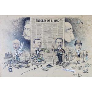 Carolus Box (xix), Caricature Drawing "progress Of The Oise", Signed And Dated 1891