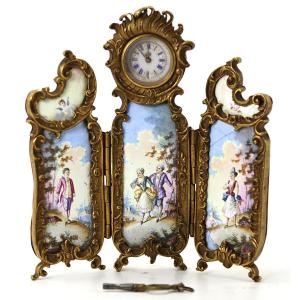 Miniature Table Clock, Bronze And Enamelled Earthenware, Vienna 1900