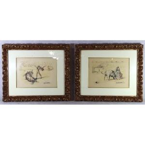Roberto Domingo Y Fallola (1883-1956), Pair Of Ink Drawings "bullfighting Scene", 20th Century