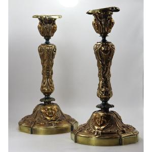 Pair Of "mascaron Femme" Candlesticks, Art Nouveau, Late 19th Century