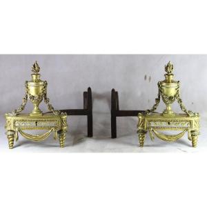 Bouhon Et Cie, Pair Of Gilt Bronze Andirons, Signed, 19th Century