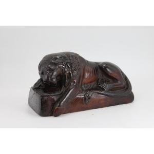 Bertel Thorvaldsen, After, Wooden Sculpture "the Lion Of Lucerne", 19th Century