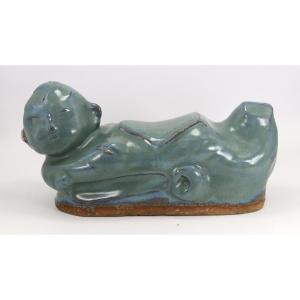 China "qing Dynasty", Celadon Glazed Terracotta Headrest, Early 20th Century
