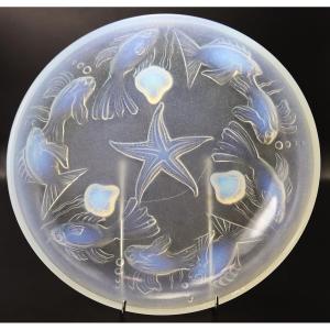 Opalescent Iridescent Pressed Glass Bowl "with Fish", Signed, 20th Century