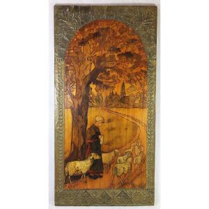 Art Nouveau, Pyrography On Panel "shepherdess And Her Sheep", Signed.
