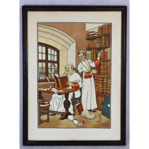 Harry Eliott (1882-1959), Stencil Lithograph "the Monks At The Library".