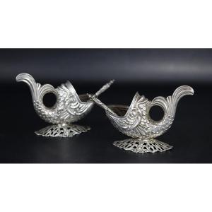 Hurez Jules (1904/1919), Pair Of Silver Salt Cellars "fish".
