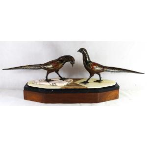 Bronze Sculpture "group Of Gilded And Enameled Pheasants", Art Deco, 1930