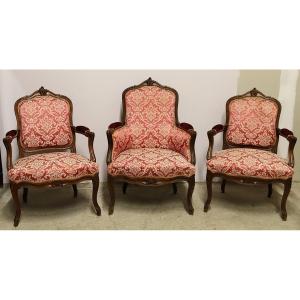 A Set Of Two Armchairs And A Bergère In The Louis XV Style, 20th Century