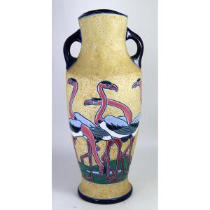 Art Deco, Amphora Vase "flamingo Decoration", Signed, 1930