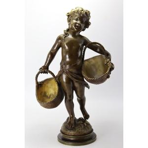 Auguste Moreau (1834-1917), Sculpture "young Girl With Baskets", 19th Century
