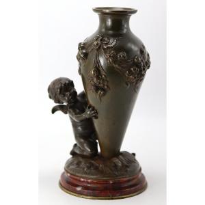 Auguste Moreau (1834-1917), Bronze Sculpture "the Cherub With The Vase", 19th Century