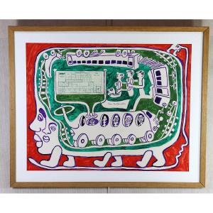Yvon Taillandier (1926-2018), Mixed Media Painting "the Train Ticket", 1980