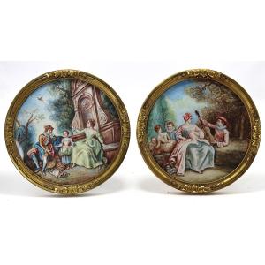 R. Brilli XIXth Century, Pair Of Large Miniatures After Fragonard, Signed.