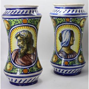 Italy 19th Century, Pair Of Majolica Albarellos.