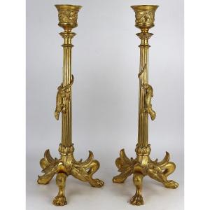 Pair Of Gilt Bronze "lizard" Candlesticks, 19th Century