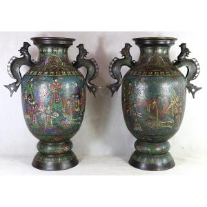 Large Pair Of Cloisonné And Champlevé Bronze Vases, China Qing 19th Century