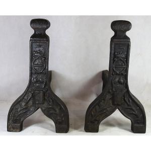 Pair Of Cast Iron Andirons, High Period, 15th Century
