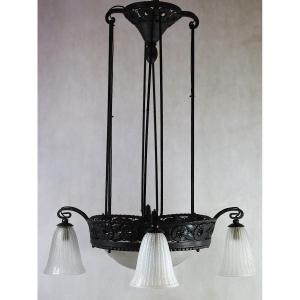 Daum Nancy + France, Art Deco Wrought Iron And Engraved Glass Chandelier, Signed, 1920