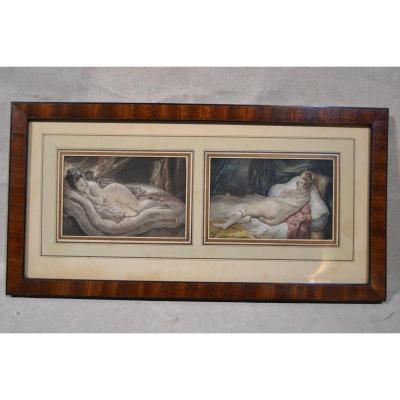 Pair Of Drawings Watercolor "women Lying", Nineteenth