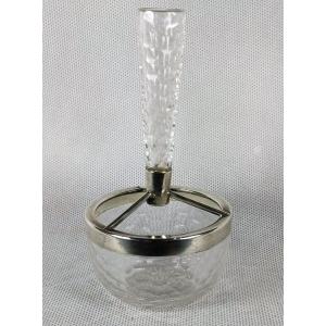 Gustave Keller (1881-1922), Soliflore Vase With Violets In Crystal And Silver, Twentieth