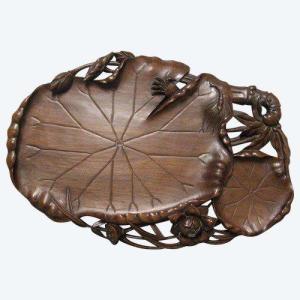Indochina Nineteenth Large Tray In Carved Wood Water Lily Flowers.