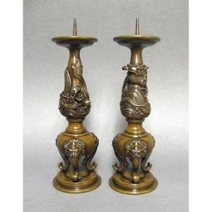 Pair Of Spades Candle With Dragons. 19th Century Meiji Bronze.