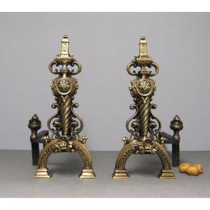 Pair Of Andirons In Nineteenth Bronze.