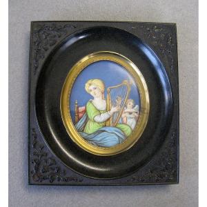 Miniature Painting, Allegory Of Music Angelot Ebonite Frame Nineteenth Napoleon III.