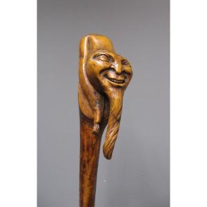 Monoxyl Cane In Carved Boxwood With Grotesque Gnome Head. 19th Century Popular Art.