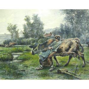 Watercolor “escaping Cow” In The Style Of N. Blancheteau.