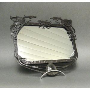Wrought Iron Mirror With Asian Art Deco Decor.