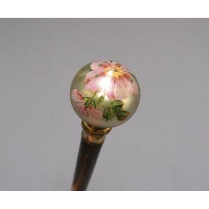 Woman's Cane With Round Knob In Eglomisé Glass With Enameled Decor.