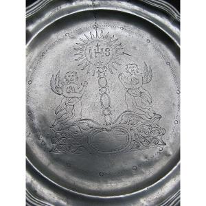 Large Pewter Dish, 18th Century Religious Art.