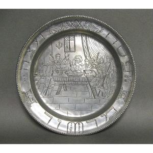 19th Century Traditional Engraved Pewter Seder Tray.