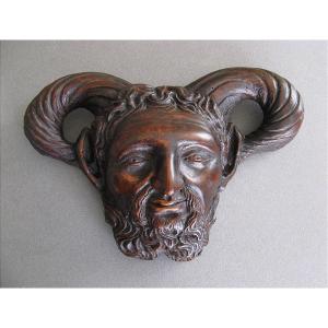 18th Century Faun Head In Carved Wood.